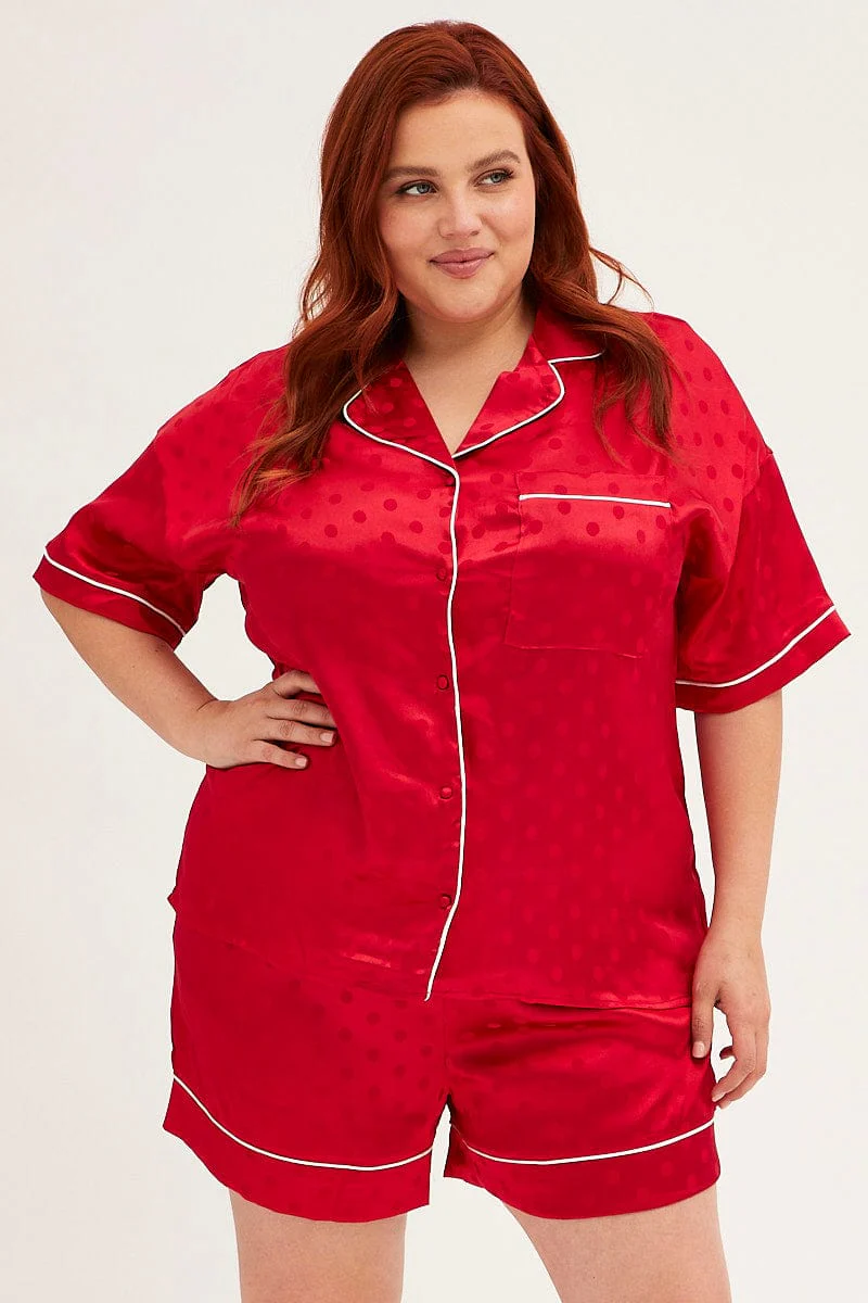 Red Polka Dot Pyjamas Set Short Sleeve Collared Shorts Satin - Image 3