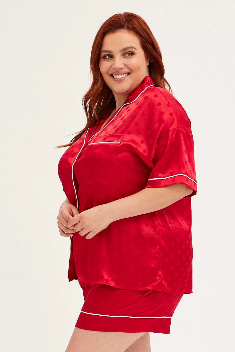 Red Polka Dot Pyjamas Set Short Sleeve Collared Shorts Satin - Image 4