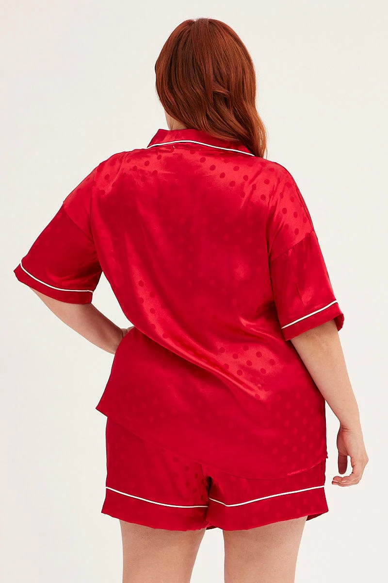 Red Polka Dot Pyjamas Set Short Sleeve Collared Shorts Satin - Image 5
