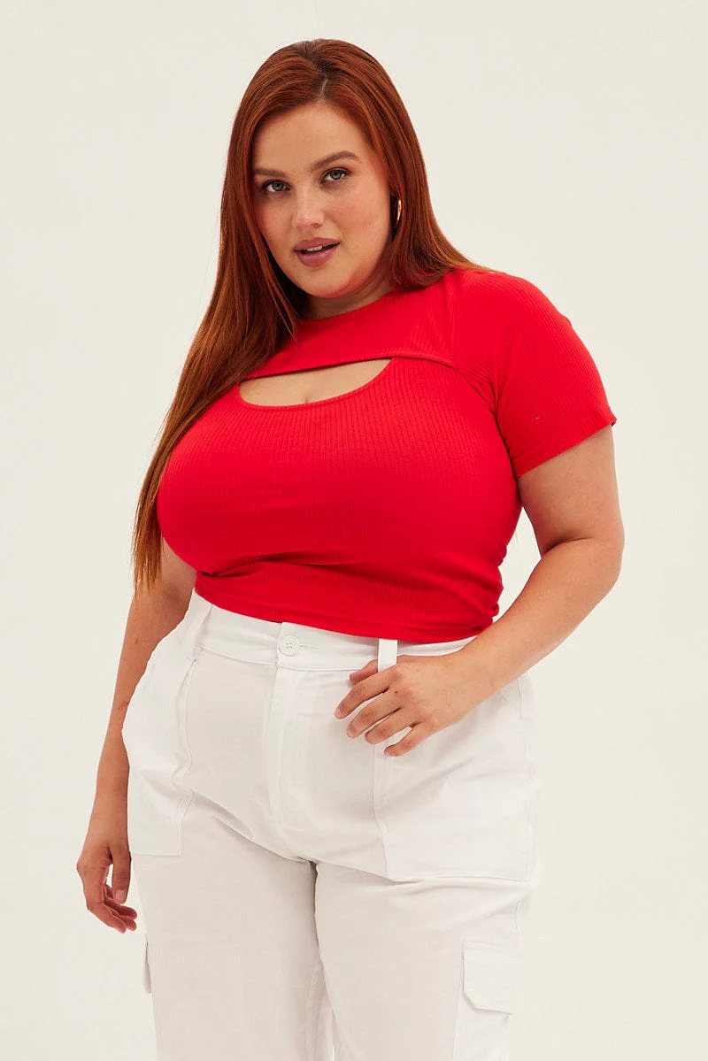 Red Rib Top Keyhole Short Sleeve Jersey