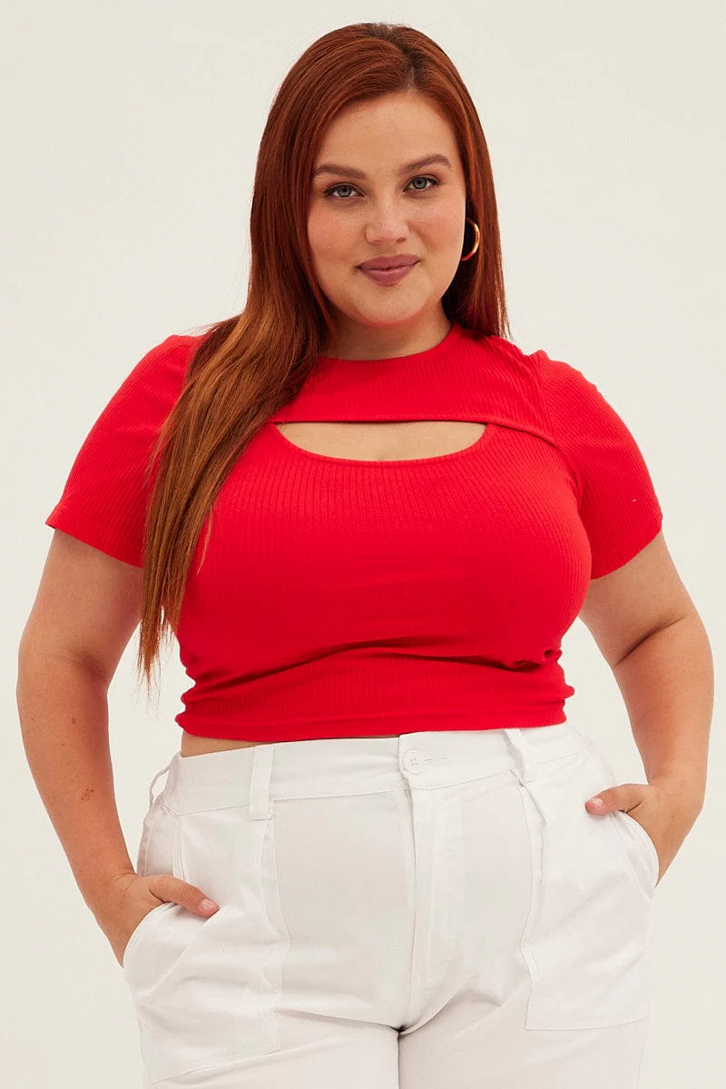 Red Rib Top Keyhole Short Sleeve Jersey - Image 3