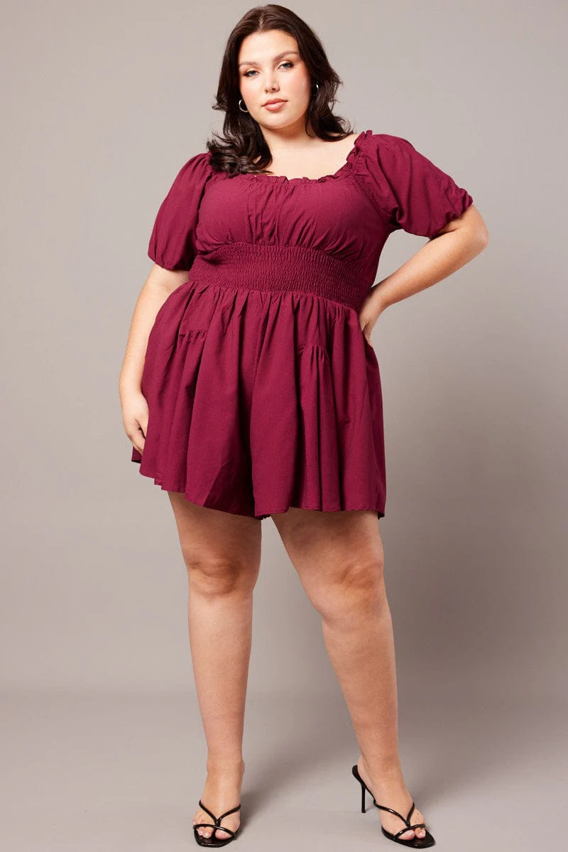 Red Ruched Playsuit Short Sleeve - Image 3