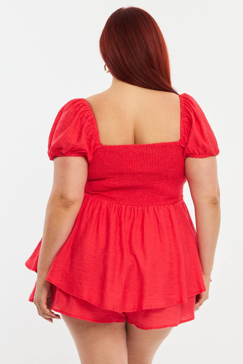 Red Ruched Playsuit Short Sleeve - Image 4