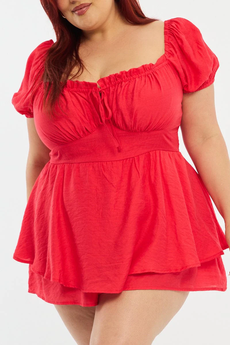 Red Ruched Playsuit Short Sleeve - Image 5