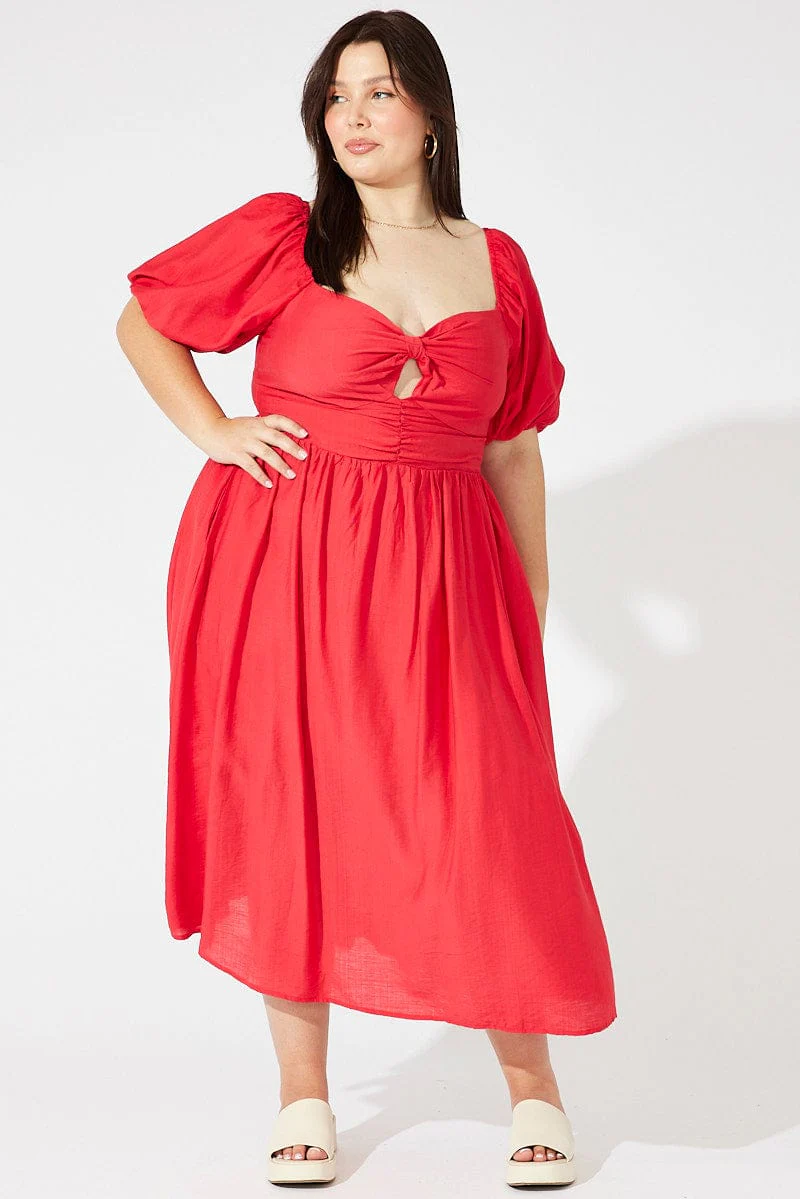 Red Ruched Waist Detail Midi Dress - Image 2