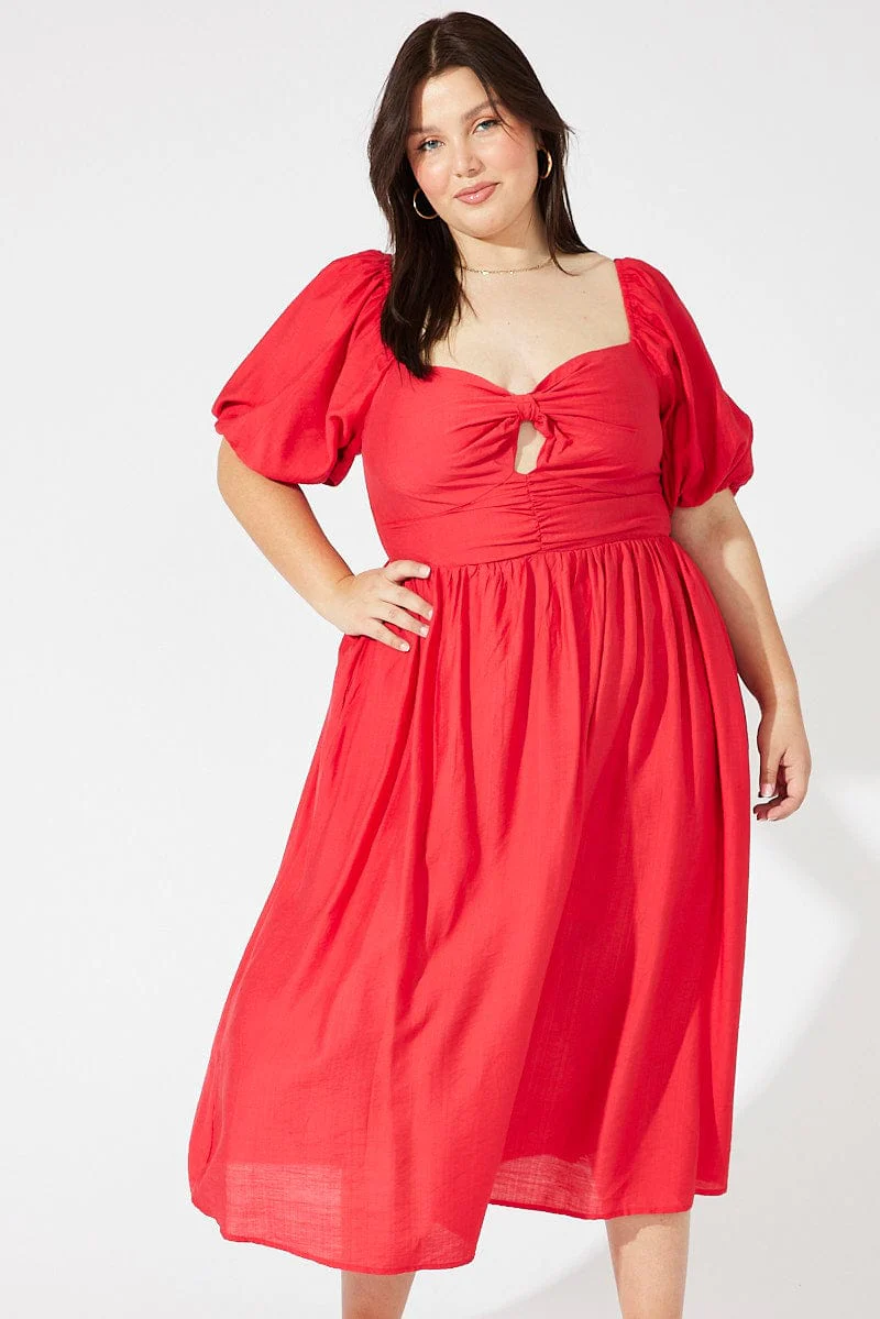 Red Ruched Waist Detail Midi Dress - Image 3
