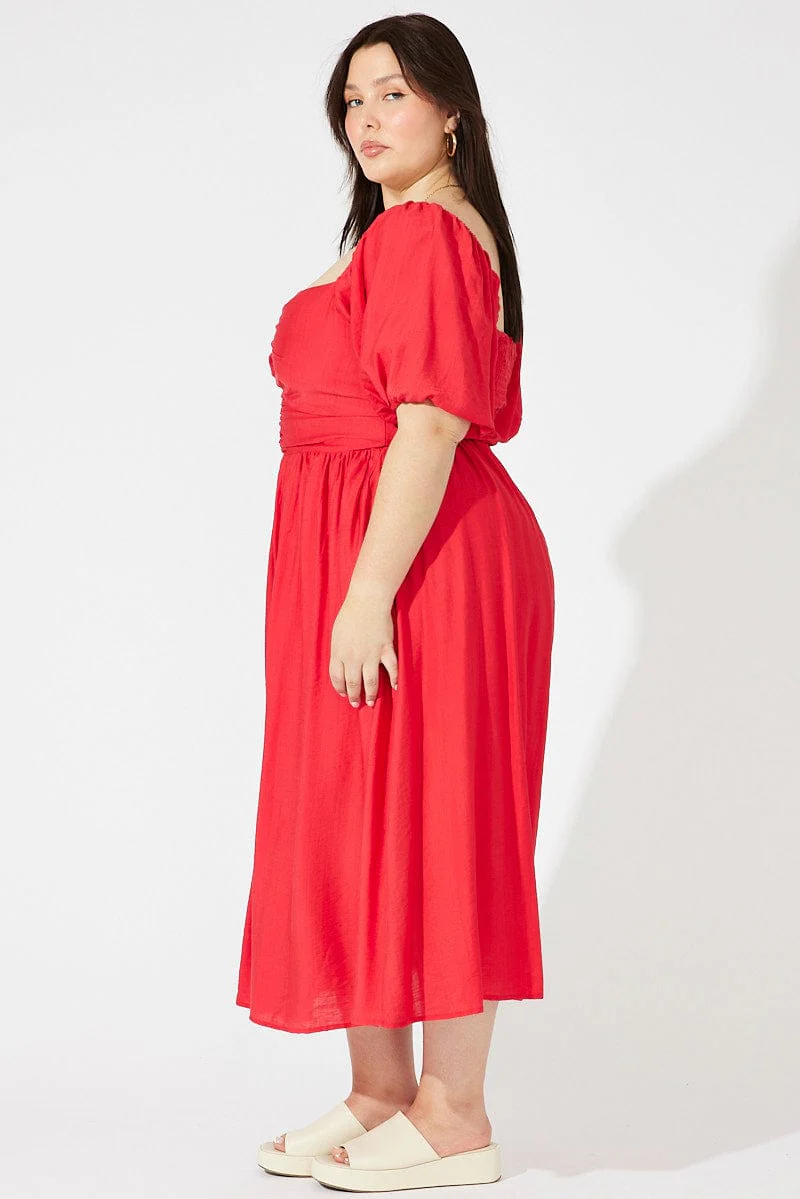 Red Ruched Waist Detail Midi Dress - Image 4