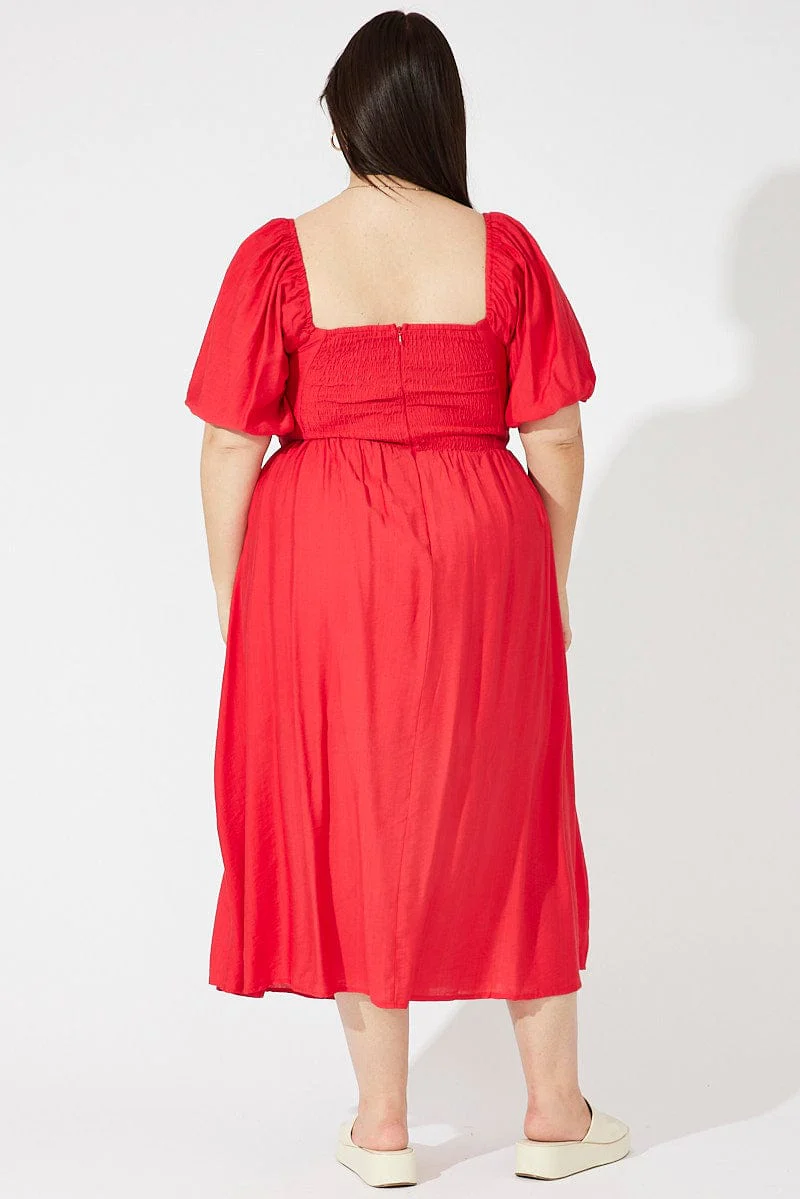 Red Ruched Waist Detail Midi Dress - Image 5