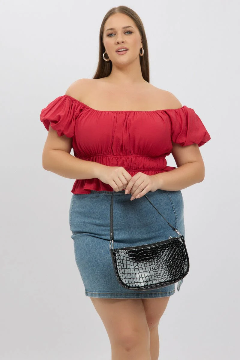 Red Ruffle Crop Top Puff Sleeve