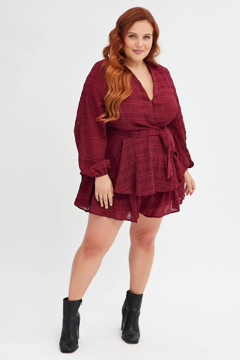 Red Ruffle Playsuit Long Sleeve Wrap Front - Image 2