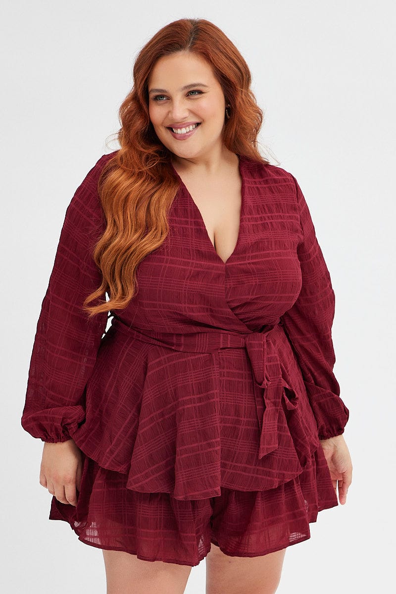 Red Ruffle Playsuit Long Sleeve Wrap Front - Image 3