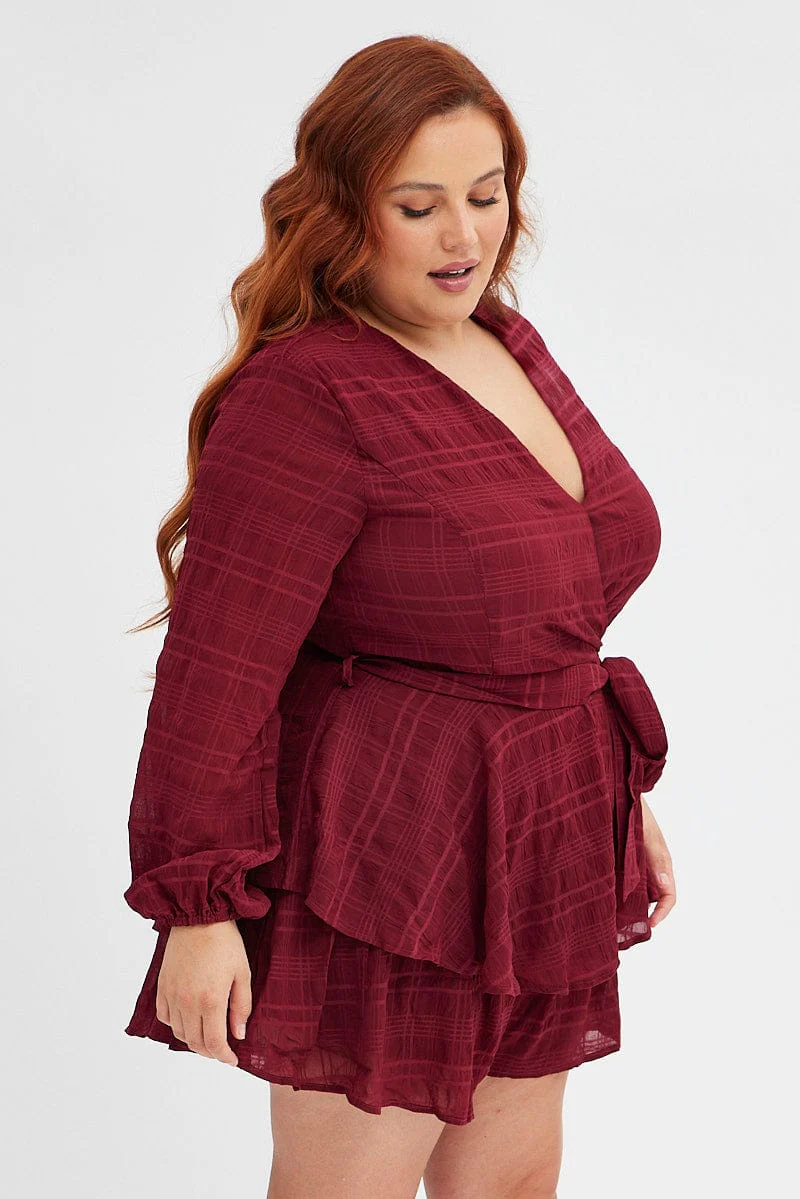 Red Ruffle Playsuit Long Sleeve Wrap Front - Image 4