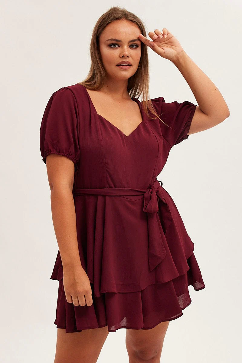 Red Ruffle Playsuit Short Sleeve Sweetheart Neck