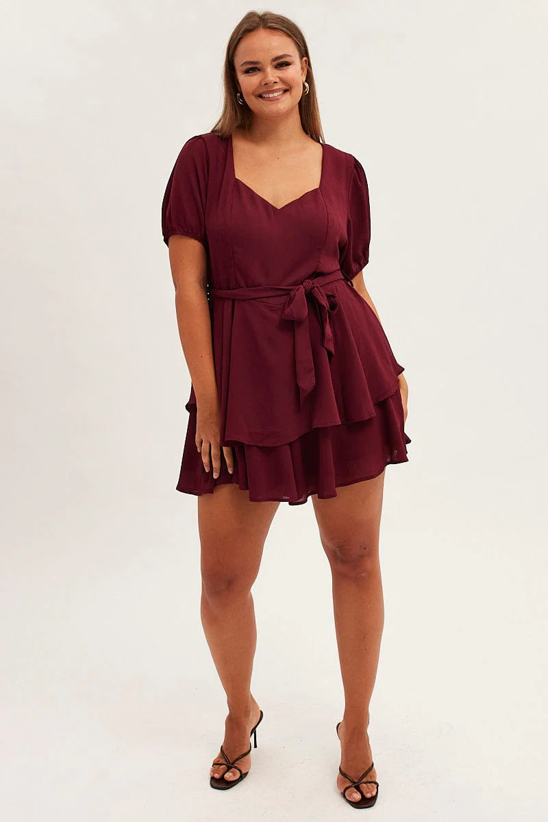 Red Ruffle Playsuit Short Sleeve Sweetheart Neck - Image 2