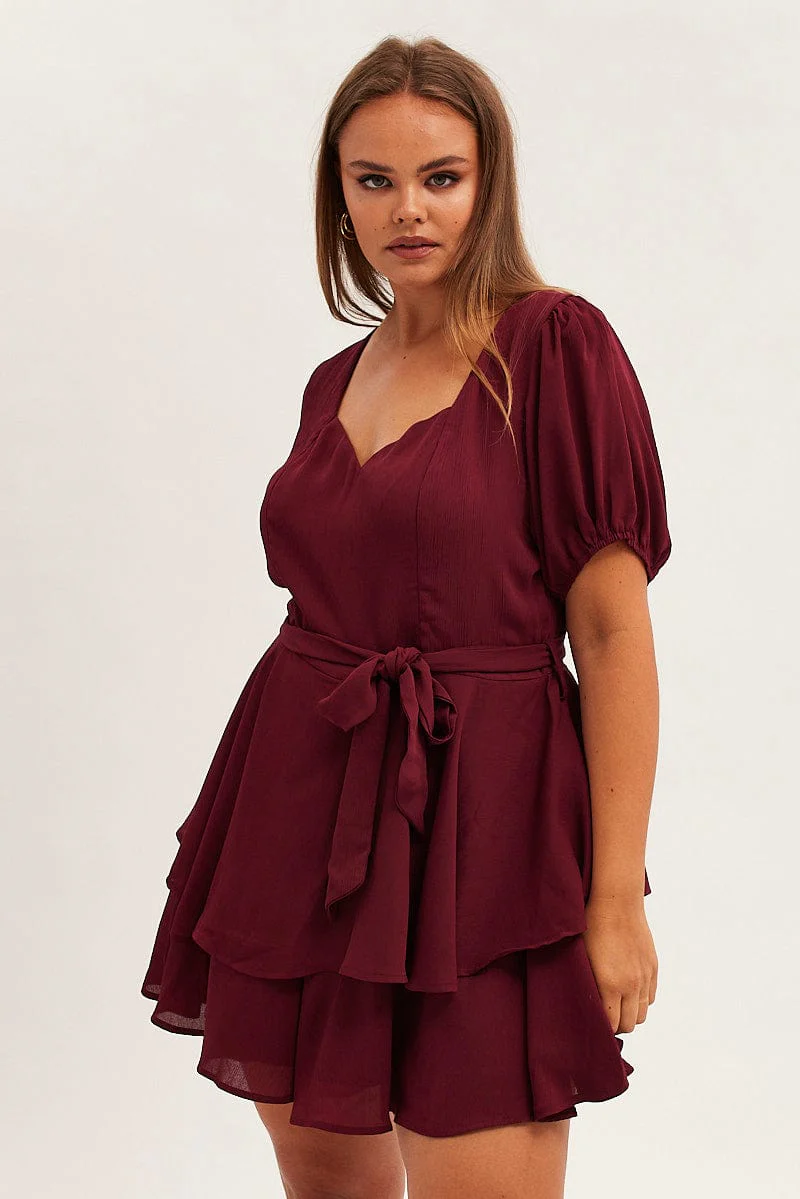 Red Ruffle Playsuit Short Sleeve Sweetheart Neck - Image 3