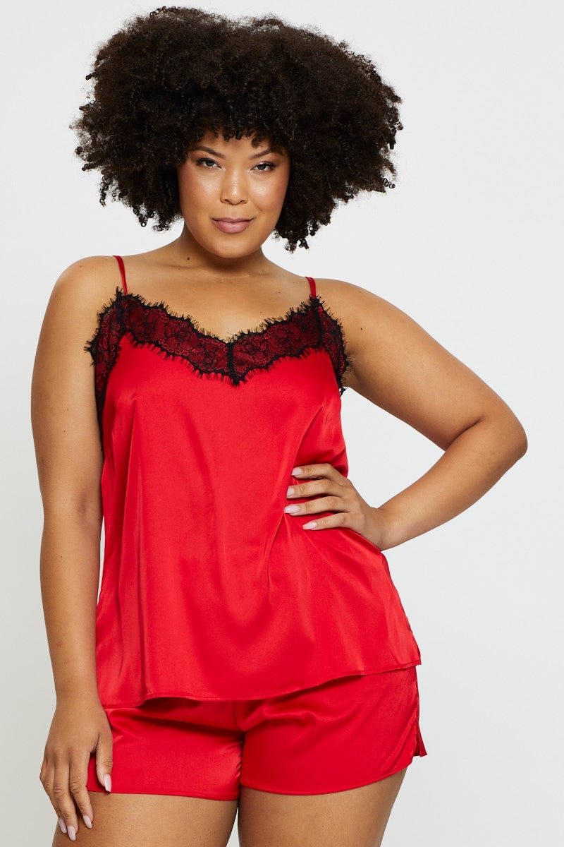 Red Satin Cami Pj Lace Trim Pyjama Set - Image 3