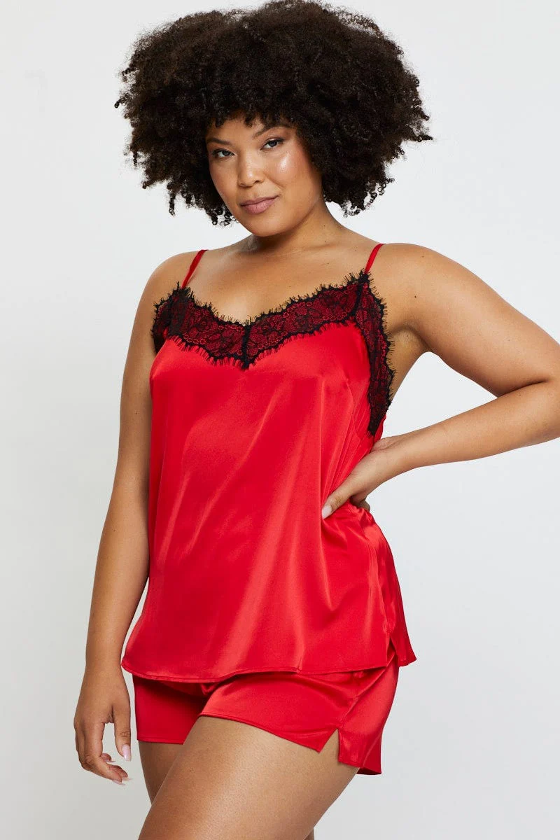 Red Satin Cami Pj Lace Trim Pyjama Set - Image 4