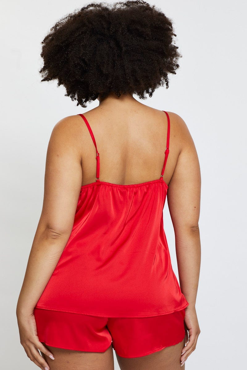 Red Satin Cami Pj Lace Trim Pyjama Set - Image 5