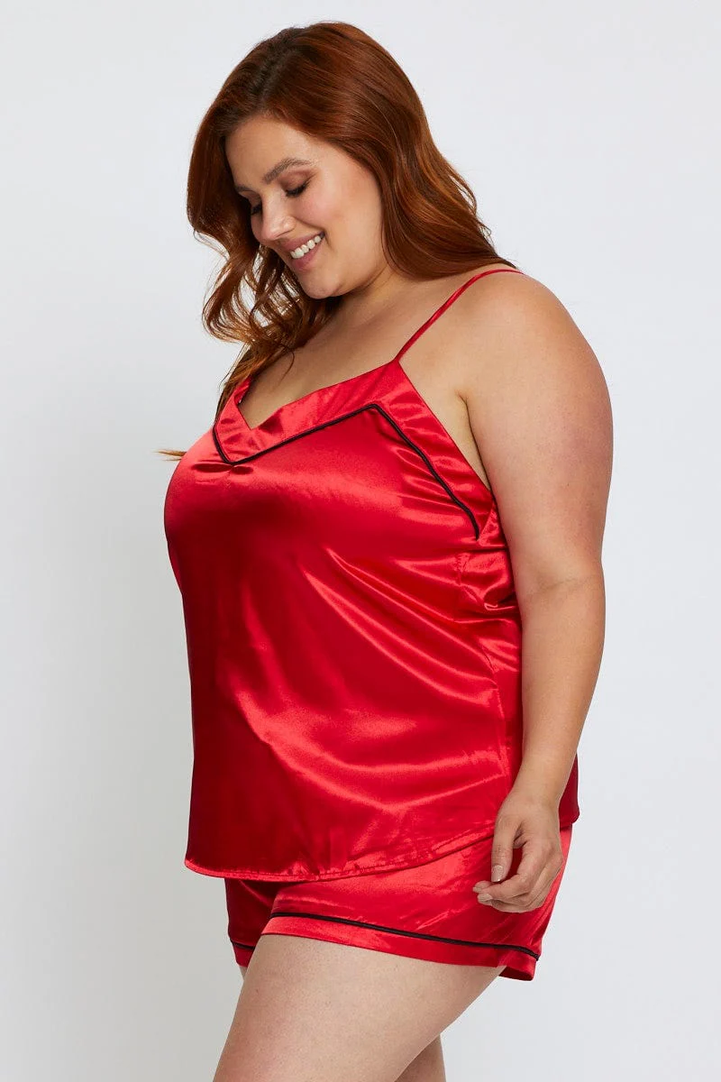 Red Satin Pj Contrat Piping Pyjama Set - Image 4