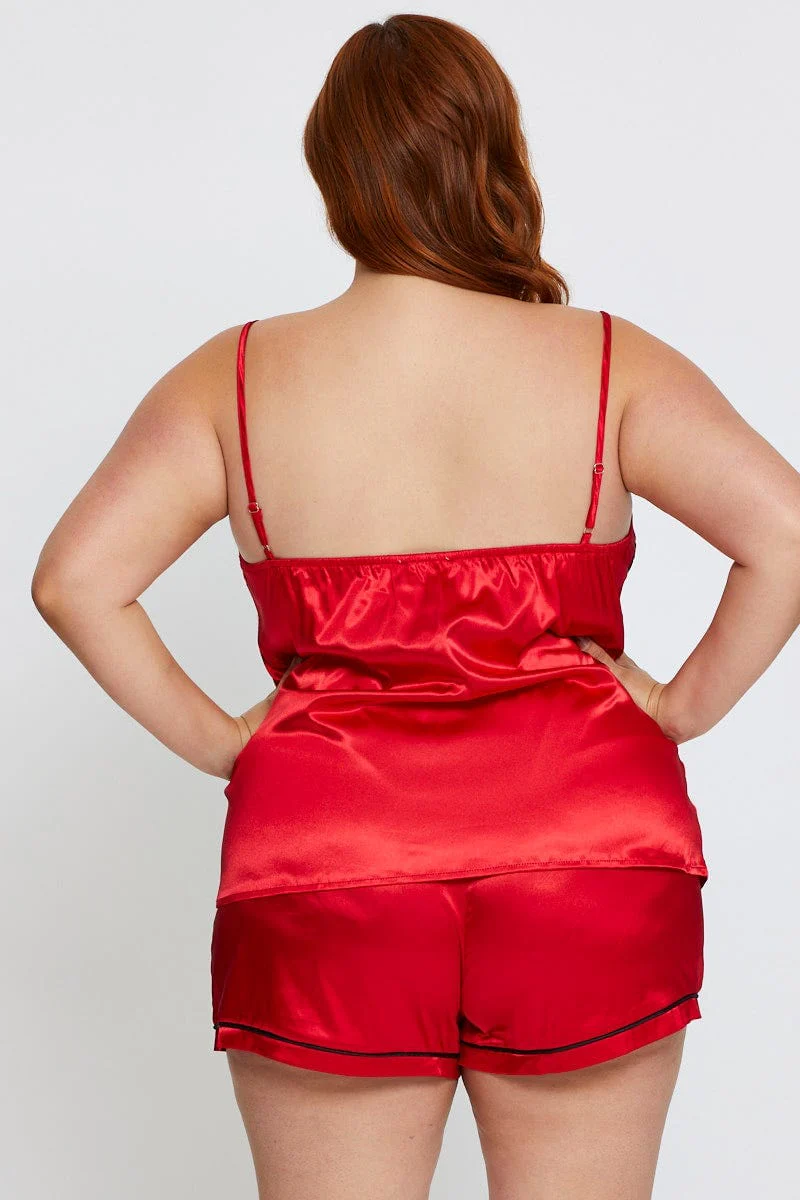 Red Satin Pj Contrat Piping Pyjama Set - Image 5