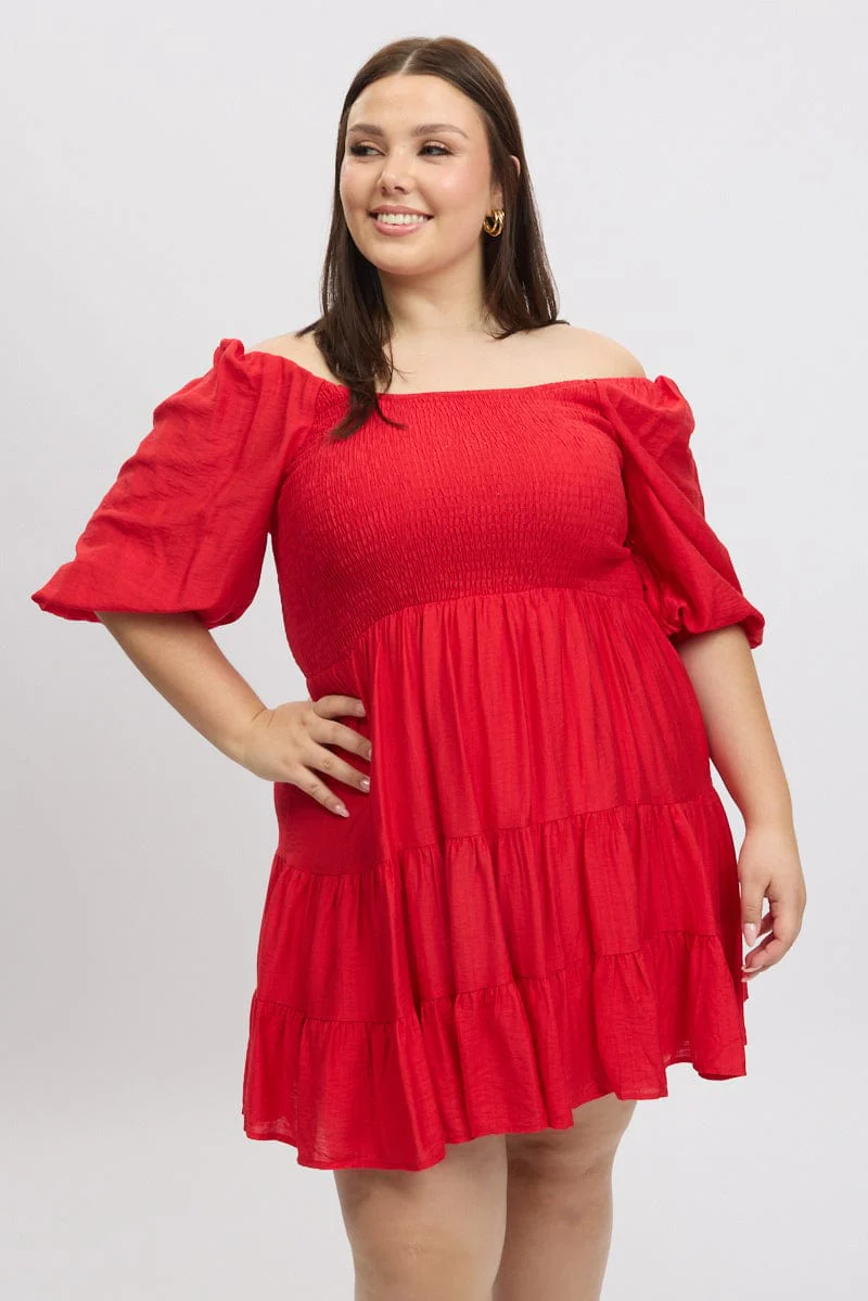 Red Shirred Bodice Puff Sleeve Tiered Mini Dress - Image 3