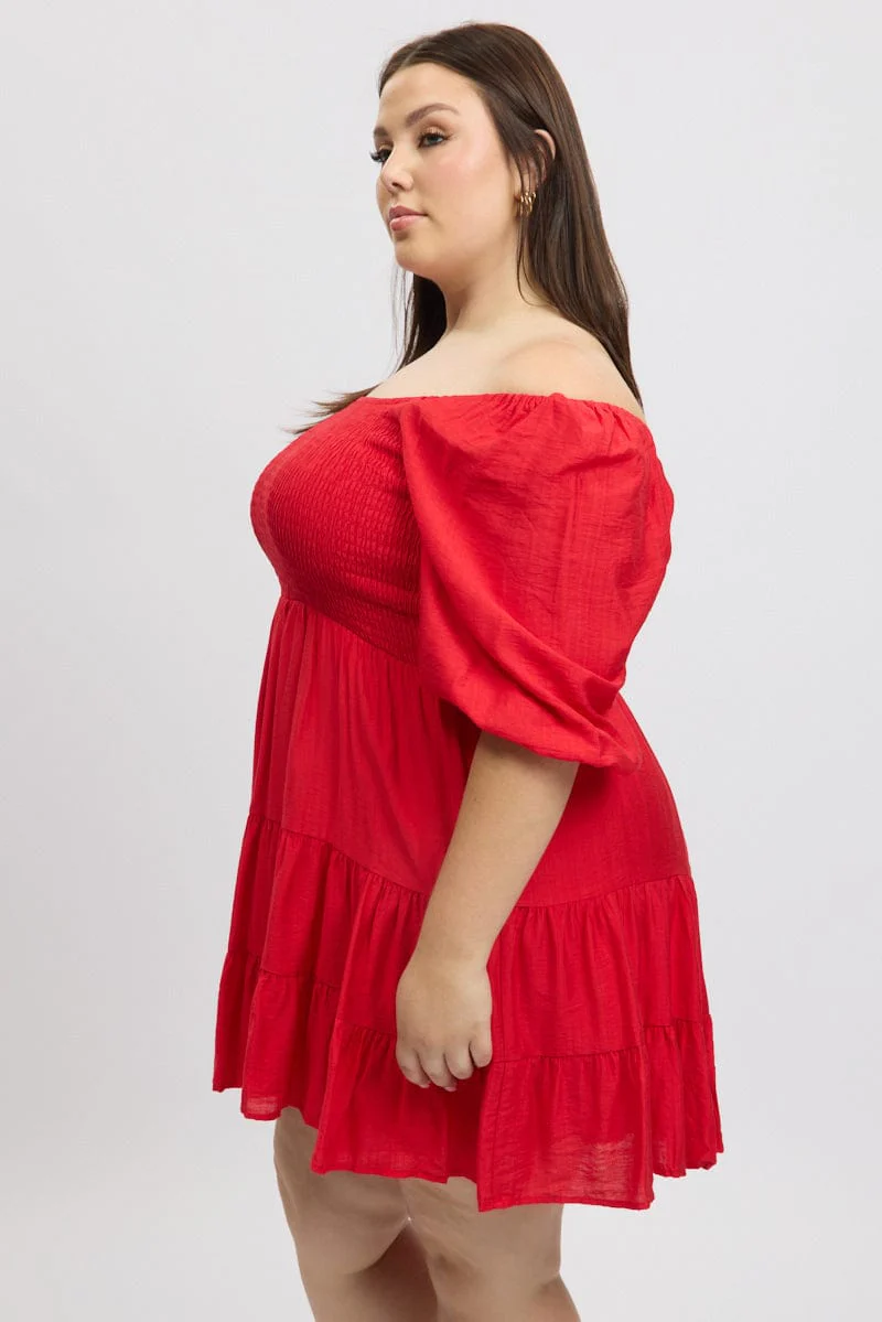 Red Shirred Bodice Puff Sleeve Tiered Mini Dress - Image 4