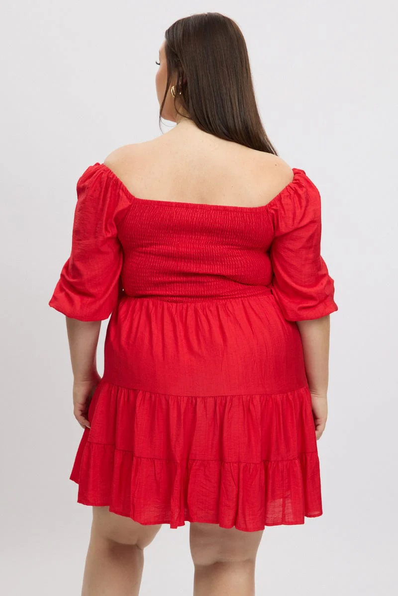 Red Shirred Bodice Puff Sleeve Tiered Mini Dress - Image 5