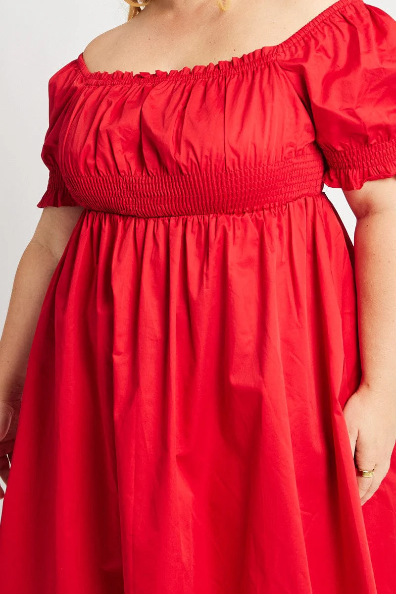 Red Shirred Waist Cotton Poplin Minidress - Image 6