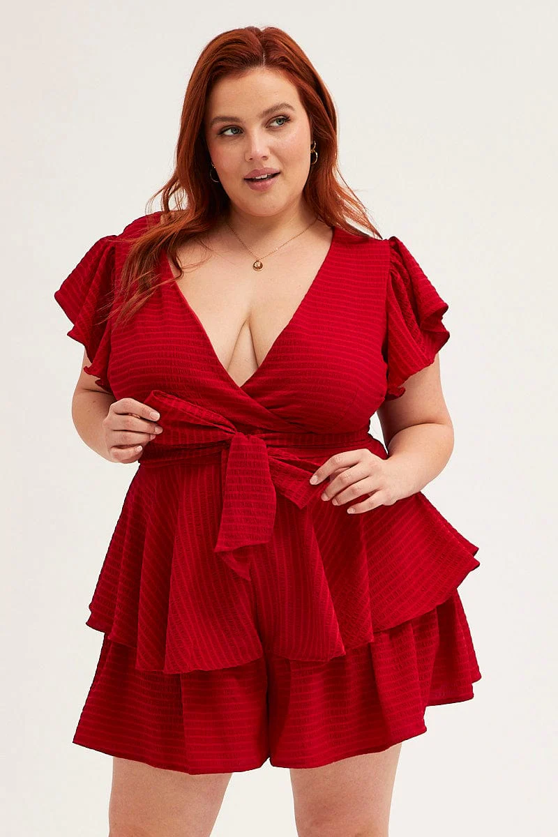 Red Short Playsuit Flare Sleeve Textured Stripe - Image 3