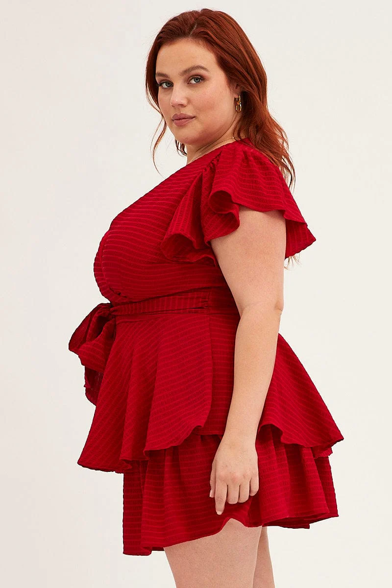 Red Short Playsuit Flare Sleeve Textured Stripe - Image 4