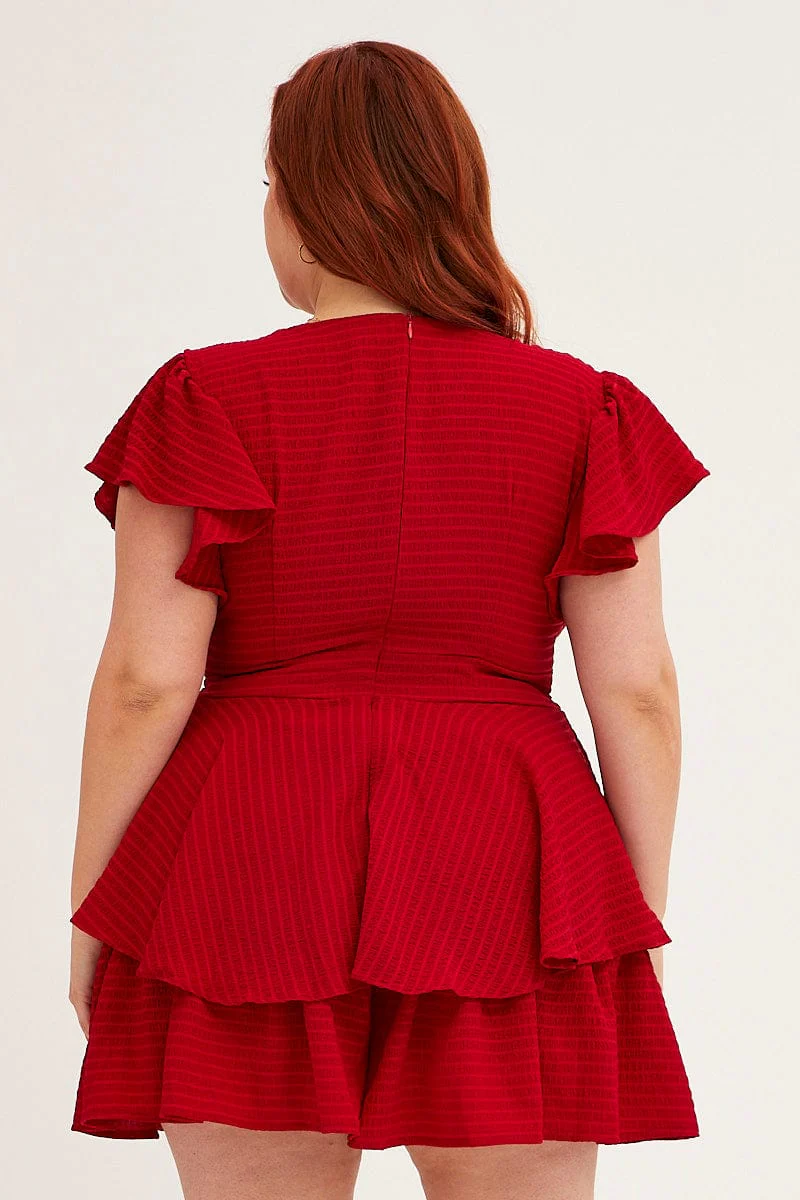 Red Short Playsuit Flare Sleeve Textured Stripe - Image 5