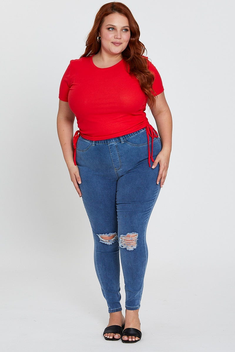 Red Short Sleeve Green Jersey Drawstring Side Top - Image 3
