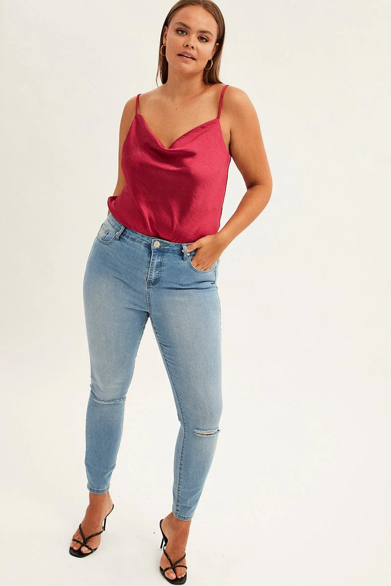 Red Singlet Top Sleeveless Satin Cowl Neck - Image 2