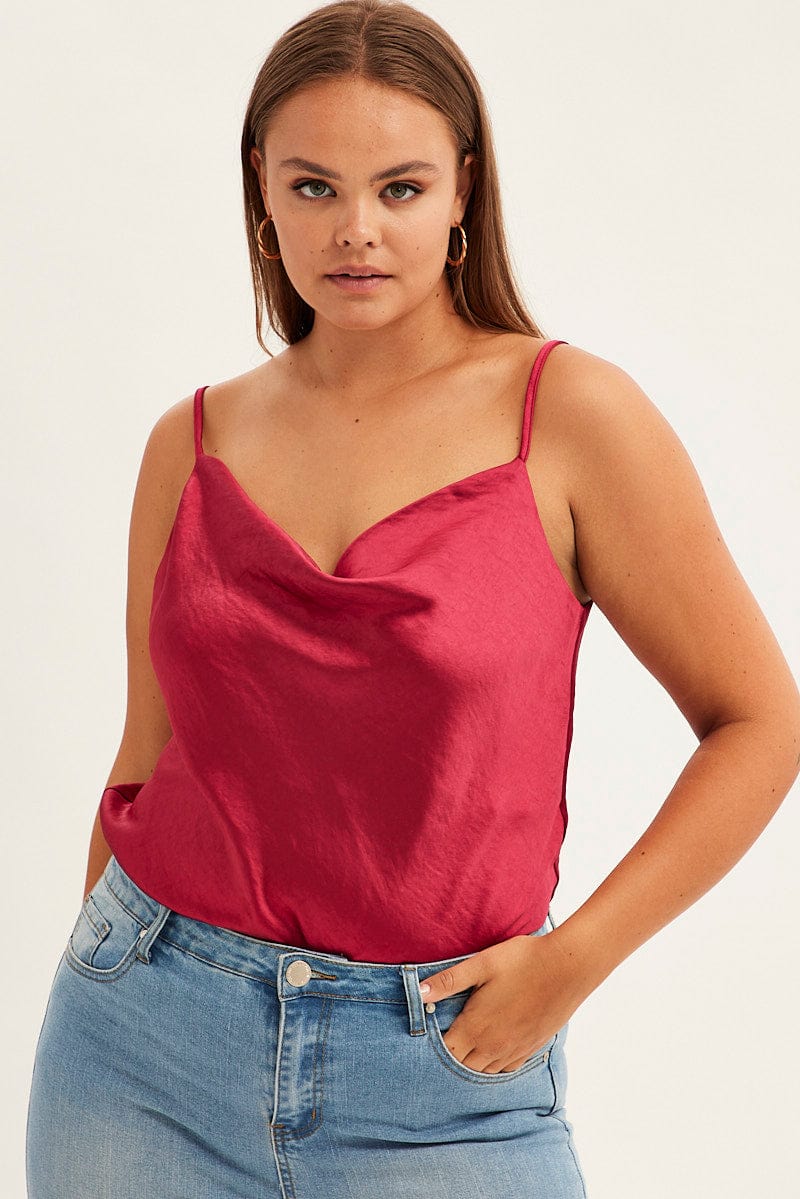 Red Singlet Top Sleeveless Satin Cowl Neck - Image 3
