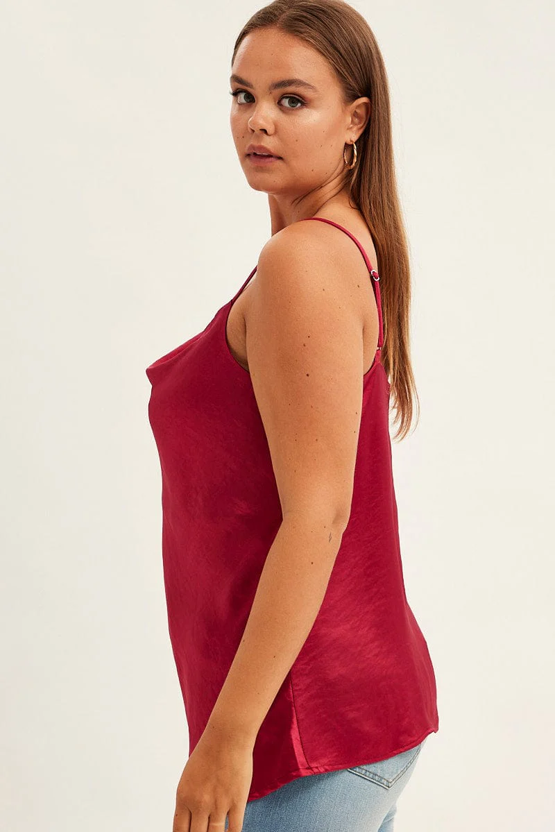 Red Singlet Top Sleeveless Satin Cowl Neck - Image 4