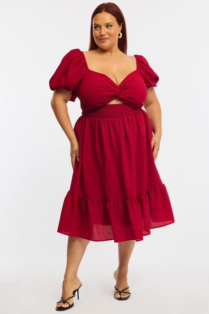 Red Skater Dress Short Sleeve Cut Out