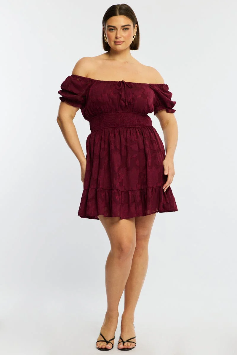 Red Skater Dress Short Sleeve Jacquard - Image 2