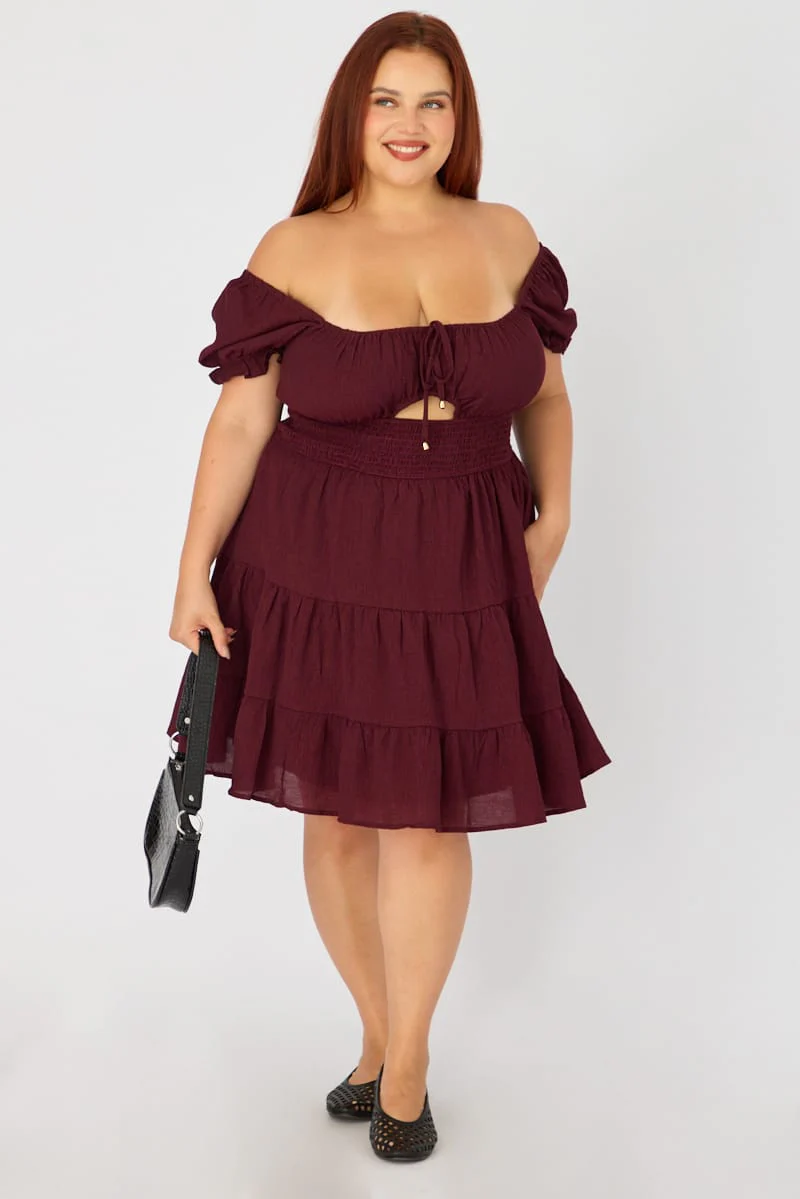 Red Skater Dress Short Sleeve Ruched Bust Cut Out - Image 2