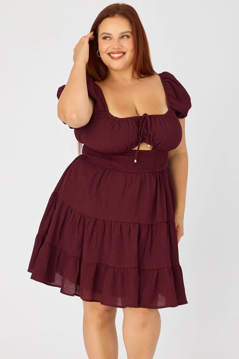 Red Skater Dress Short Sleeve Ruched Bust Cut Out - Image 3