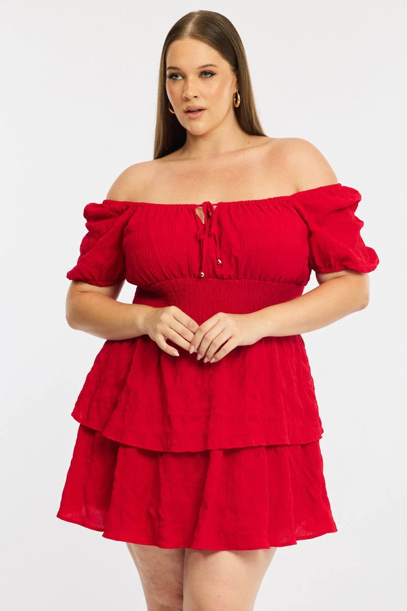 Red Skater Dress Short Sleeve Shirred Waist Textures