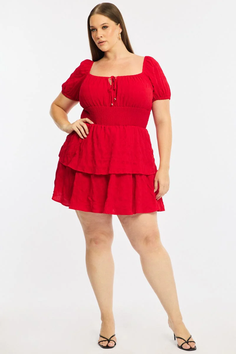 Red Skater Dress Short Sleeve Shirred Waist Textures - Image 2