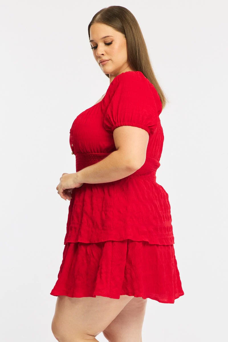 Red Skater Dress Short Sleeve Shirred Waist Textures - Image 3