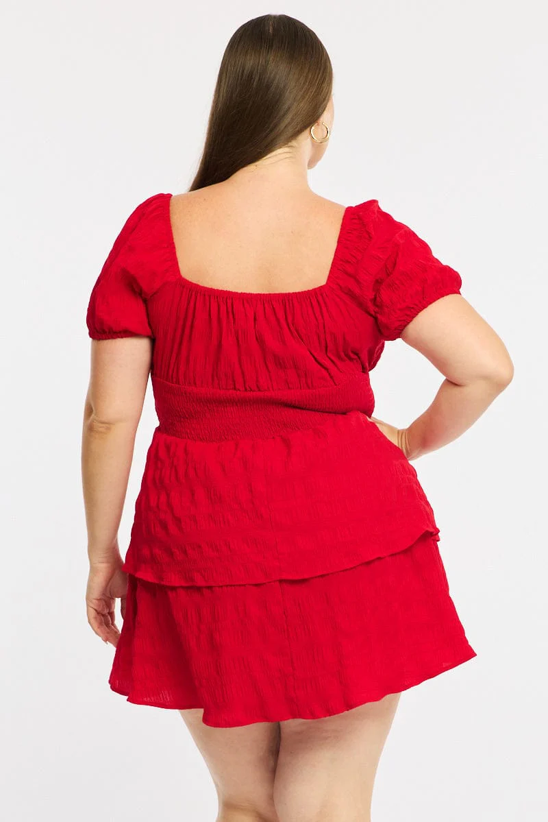 Red Skater Dress Short Sleeve Shirred Waist Textures - Image 4