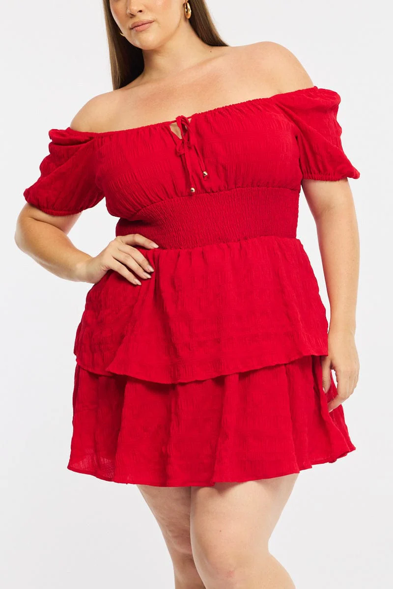 Red Skater Dress Short Sleeve Shirred Waist Textures - Image 5