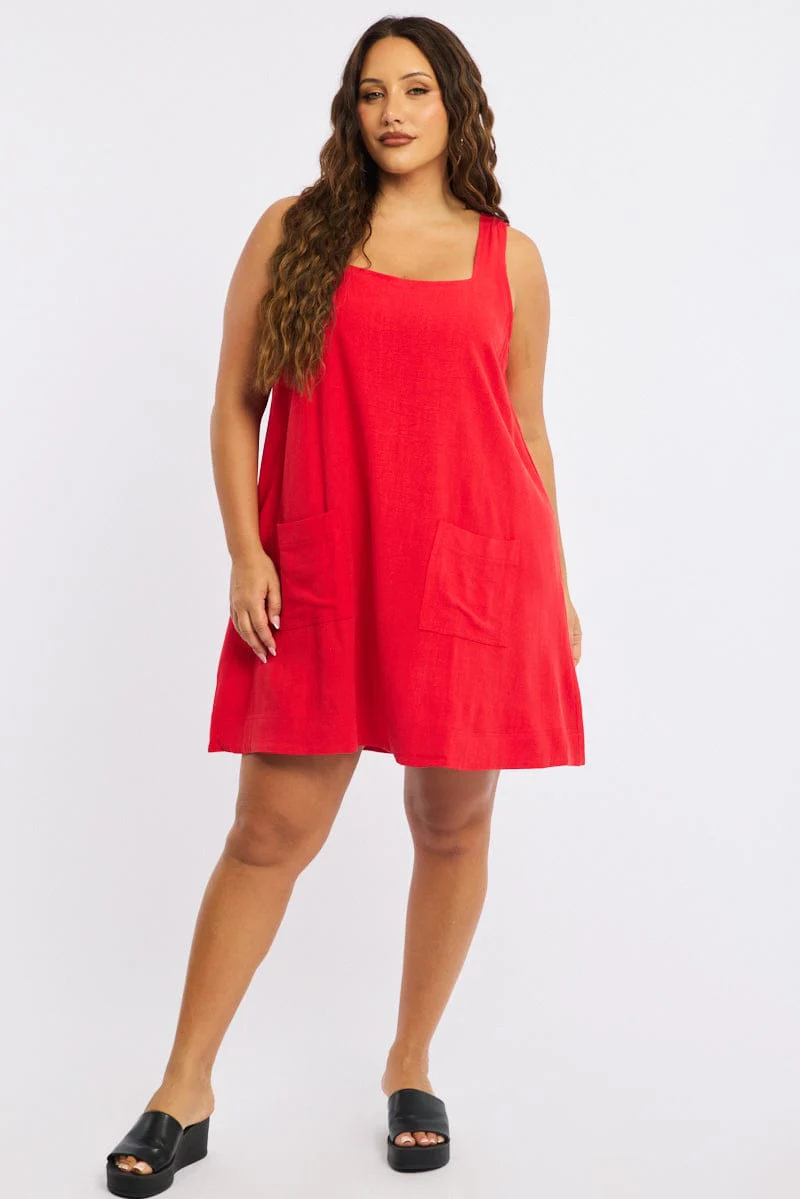 Red Smock Dress Sleeveless Contrast Stitch - Image 2