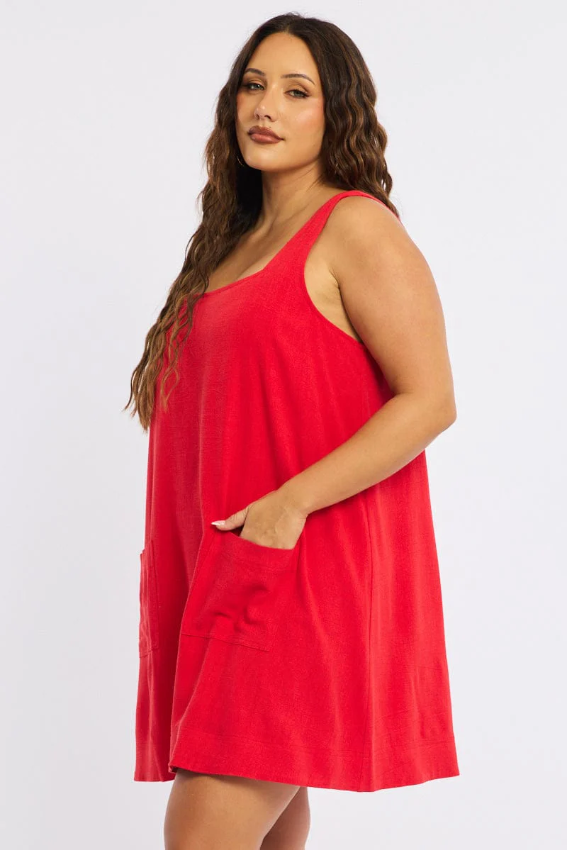 Red Smock Dress Sleeveless Contrast Stitch - Image 3