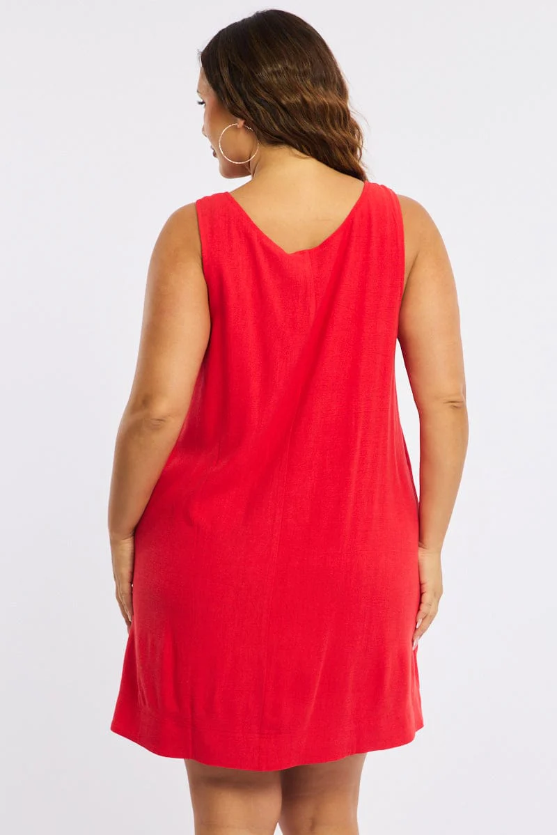 Red Smock Dress Sleeveless Contrast Stitch - Image 4