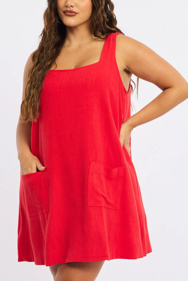 Red Smock Dress Sleeveless Contrast Stitch - Image 5