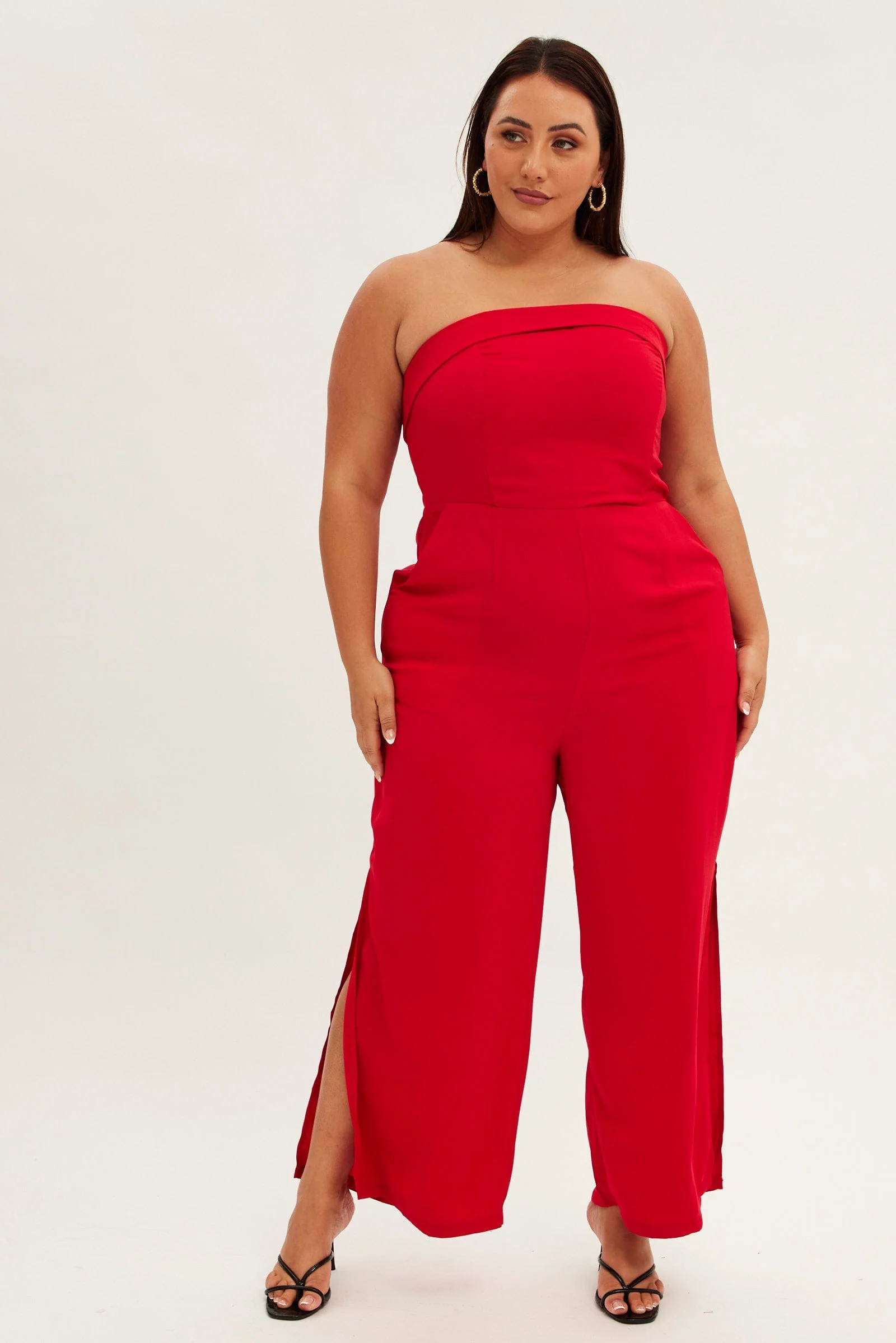 Red Strapless Jumpsuit Detachable Straps Split Leg - Image 3