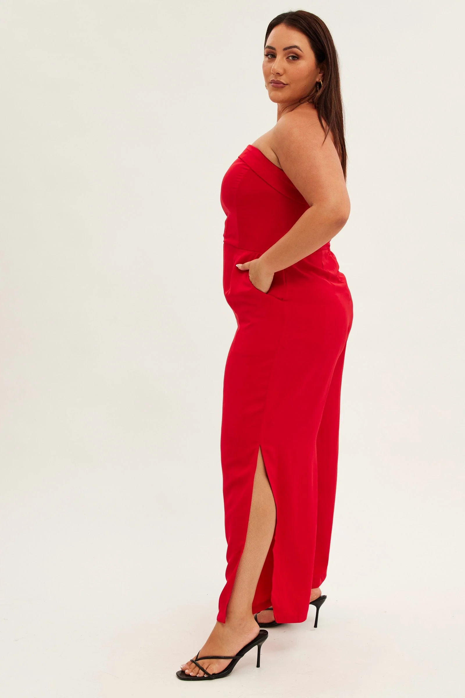Red Strapless Jumpsuit Detachable Straps Split Leg - Image 4